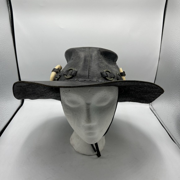 Crocodile Dundee Leather Outback W/ 2 Teeth Under Neck Tie Hat - Picture 2 of 12